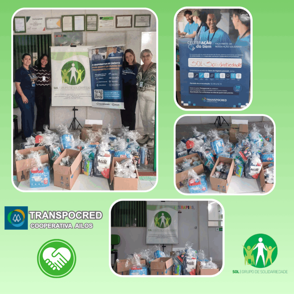 Gostaríamos de expressar nossos sinceros agradecimentos à Transpocred pelas generosas doações das cestas com produtos de higiene pessoal. Estamos muito felizes em contar com o apoio de uma empresa tão comprometida com a causa. A parceria de vocês fará toda a diferença e ajudará às famílias assistidas pela Sol. Agradecemos imensamente e esperamos continuar essa colaboração por muito tempo. Atenciosamente, Sol - Grupo de Solidariedade